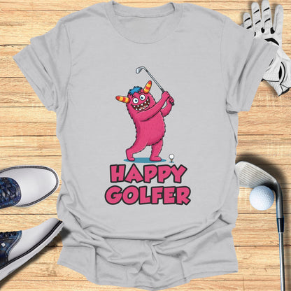 Pink monster swinging a golf club with "Happy Golfer" text.