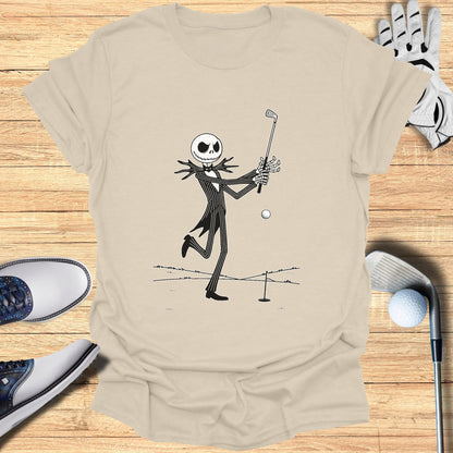 Jack Skellington playing golf, wearing a t-shirt.