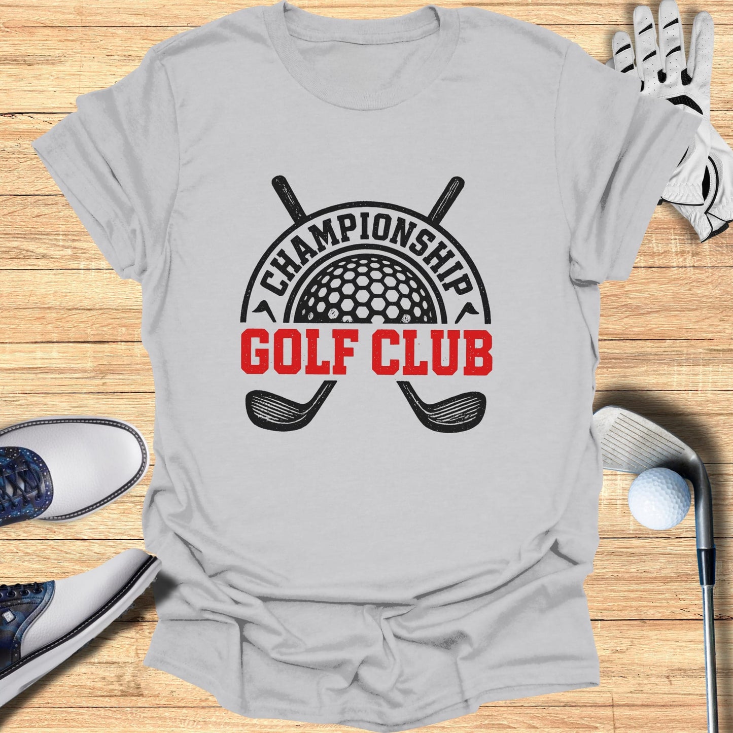 T-shirt with "Championship Golf Club" logo and crossed golf clubs.