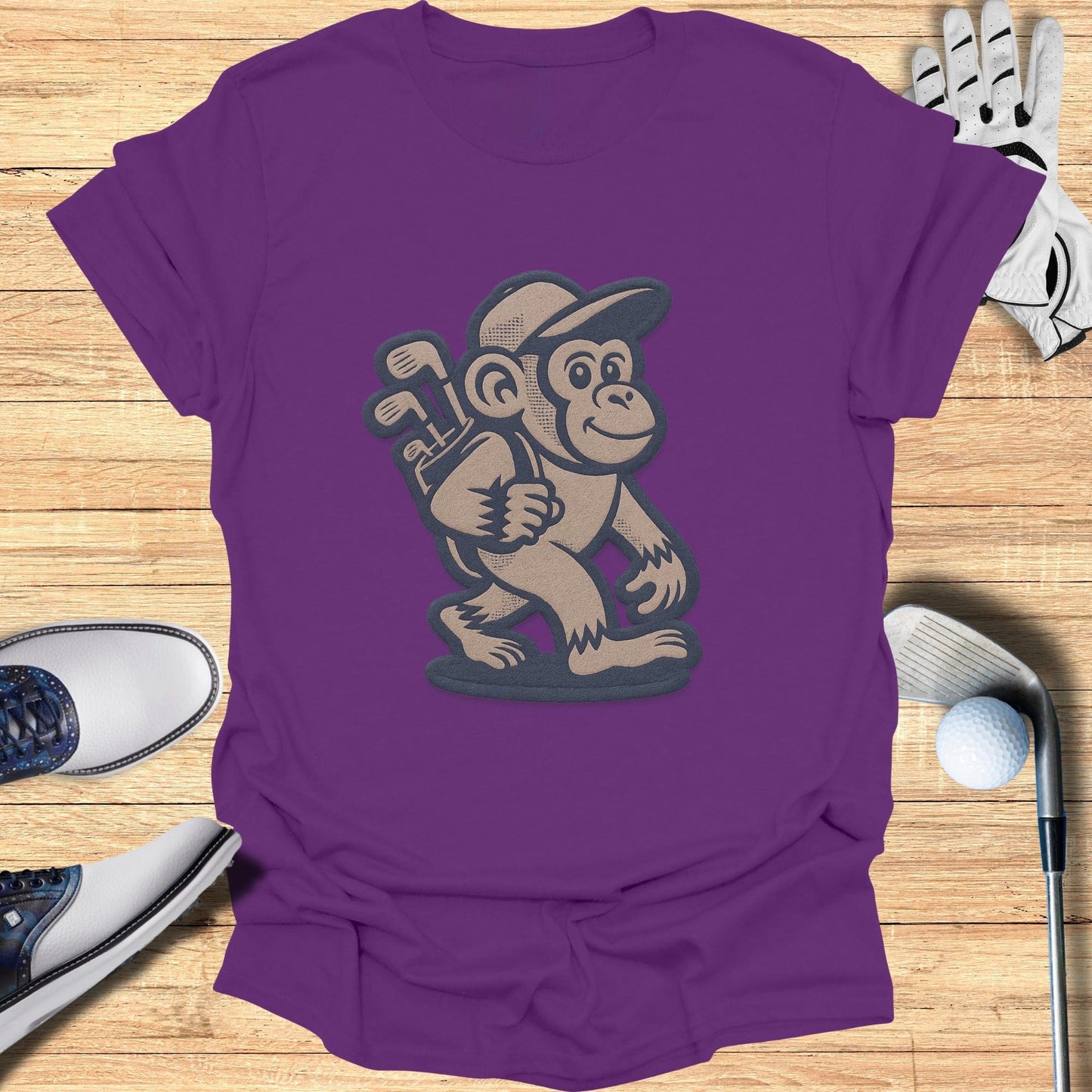Purple T-Shirt with Golfing Monkey Graphic Design