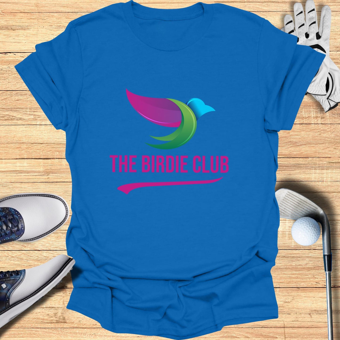 Blue t-shirt with "The Birdie Club" logo featuring a stylized bird.