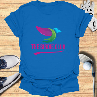 Blue t-shirt with "The Birdie Club" logo featuring a stylized bird.