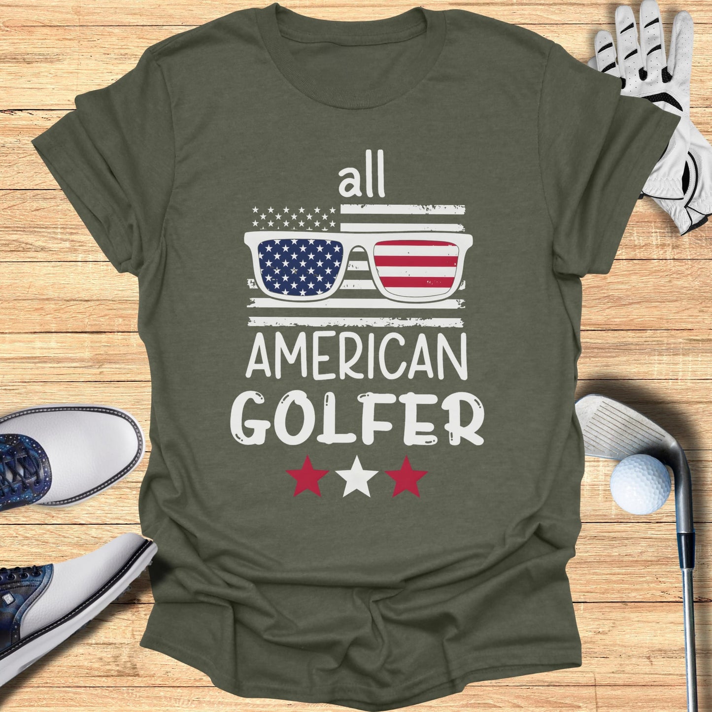 Olive t-shirt with "all AMERICAN GOLFER" text and sunglasses graphic.