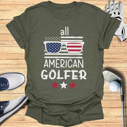 Olive t-shirt with "all AMERICAN GOLFER" text and sunglasses graphic.