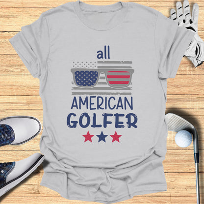 Gray t-shirt with "all AMERICAN GOLFER" and American flag sunglasses.