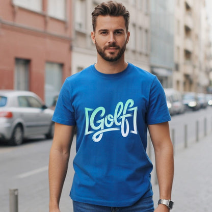 Stylish Blue Tee with Bold Golf Design Shirt
