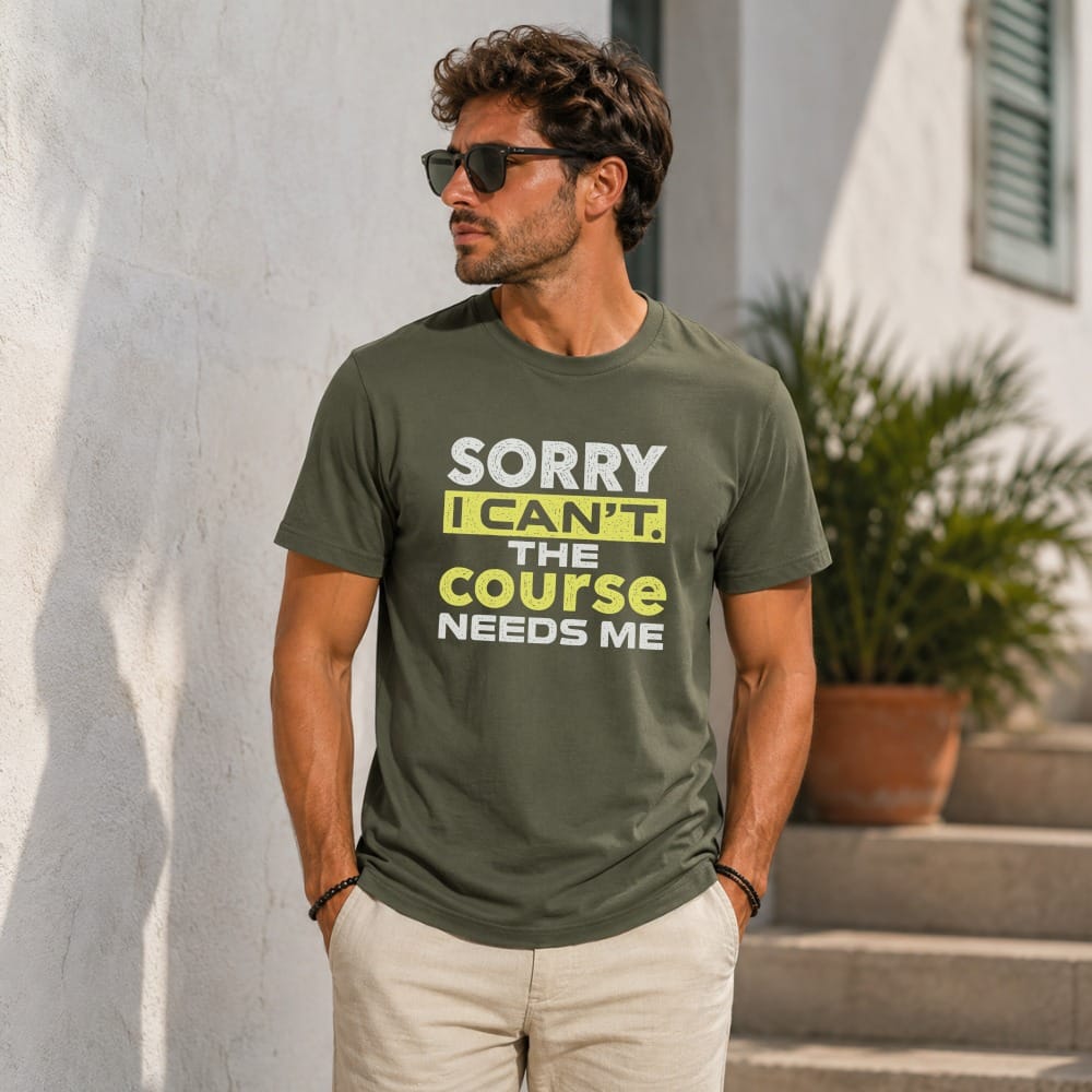 Man wearing olive green t-shirt with yellow and white text: "SORRY I CAN'T THE COURSE NEEDS ME".
