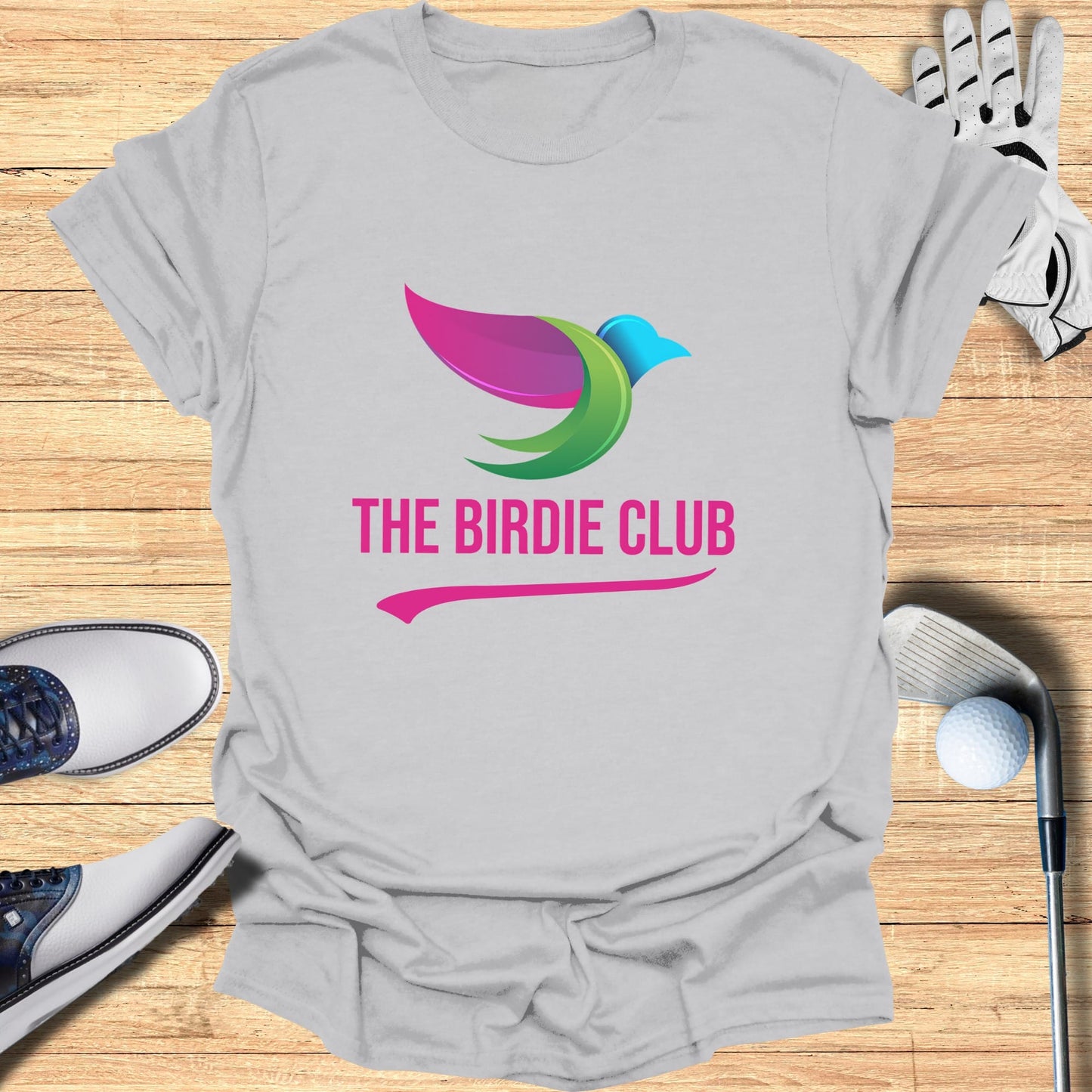 Gray t-shirt with pink and blue bird logo and "THE BIRDIE CLUB" text.