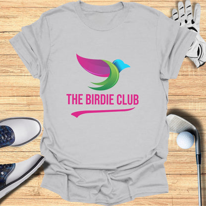 Gray t-shirt with pink and blue bird logo and "THE BIRDIE CLUB" text.
