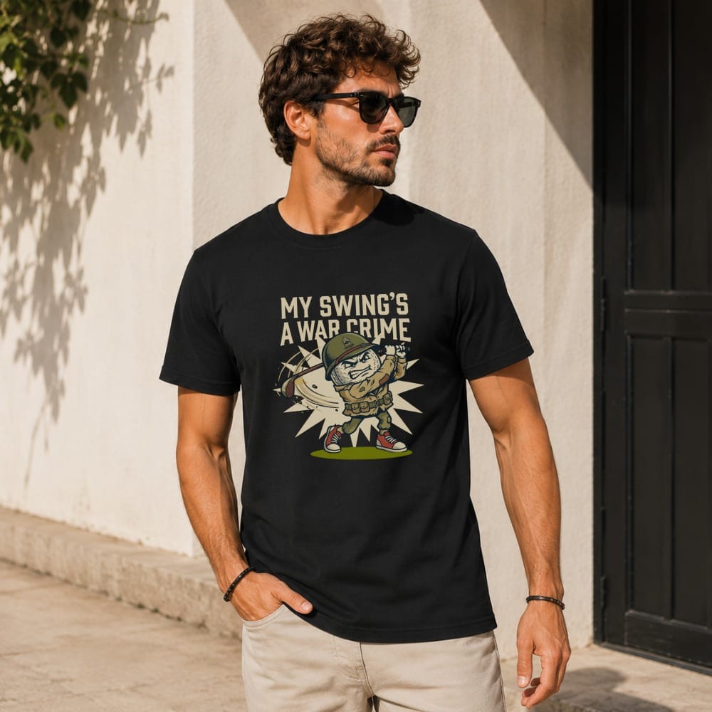 Black t-shirt with cartoon golfer and text "MY SWING'S A WAR CRIME".