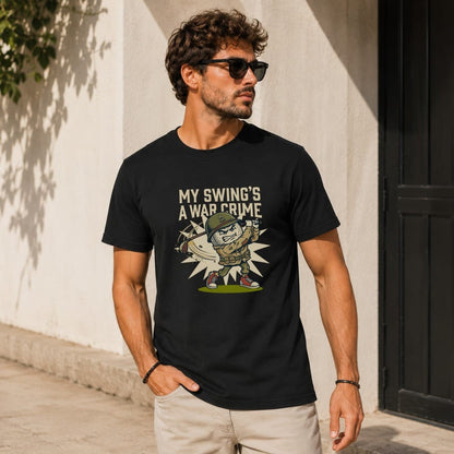 Black t-shirt with cartoon golfer and text "MY SWING'S A WAR CRIME".