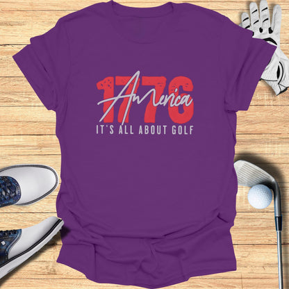 Purple t-shirt with "1776 America It's All About Golf" text.