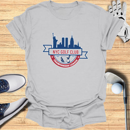 Grey t-shirt with NYC Golf Club Championship League logo and golf clubs.