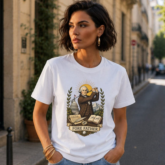 Woman wearing white t-shirt with "Fore Father" golf graphic featuring George Washington.