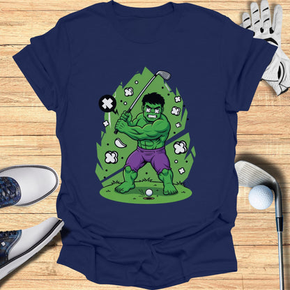 Hulk swinging a golf club in cartoon style.