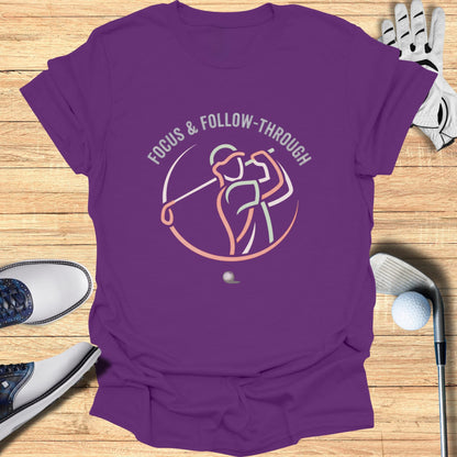 Purple t-shirt with "FOCUS & FOLLOW-THROUGH" text and golfer graphic.