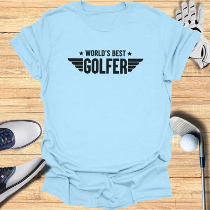 Light blue t-shirt with "World's Best Golfer" text and wings.