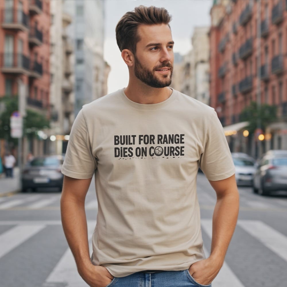 Man wearing a beige t-shirt with "BUILT FOR RANGE DIES ON COURSE" text.