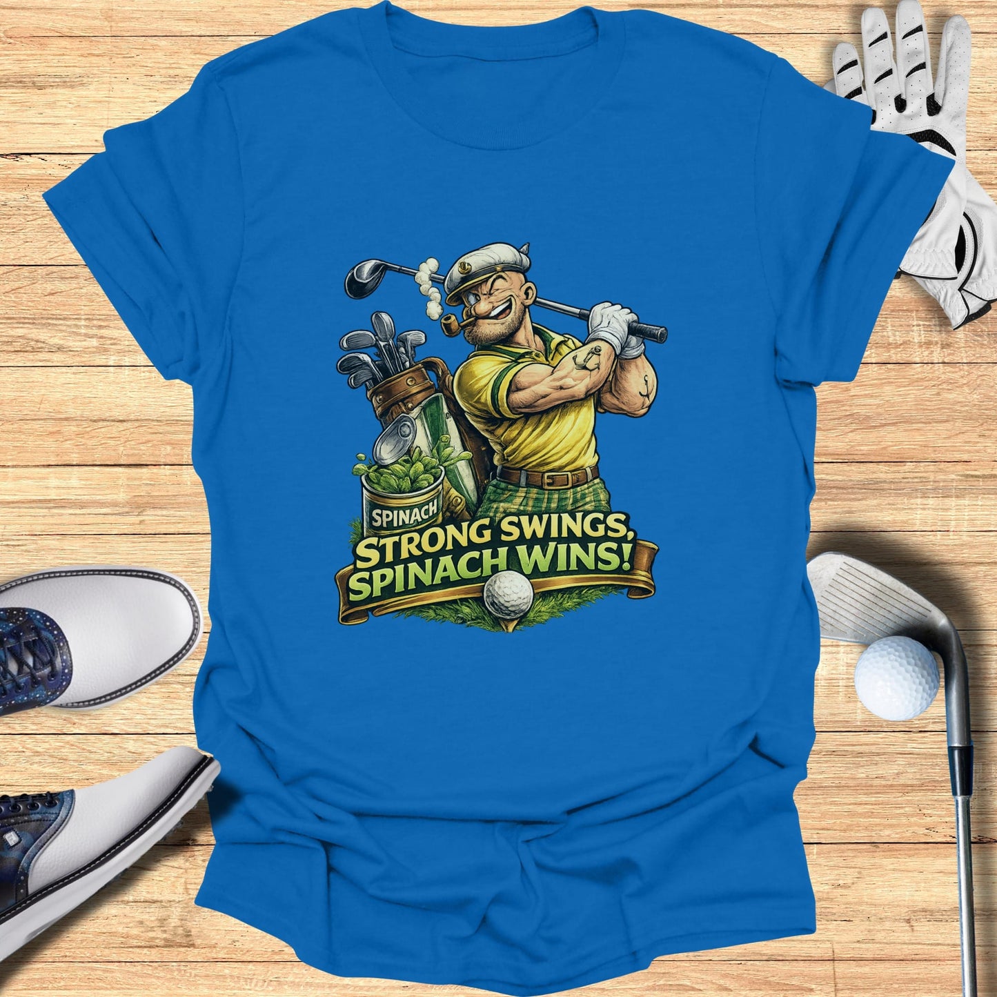 Cartoon golfer with clubs and text "SPINACH STRONG SWINGS, SPINACH WINS!".