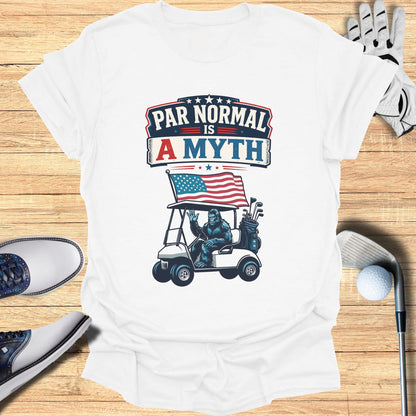 Bigfoot in a golf cart with American flag and text "Par Normal Is A Myth".