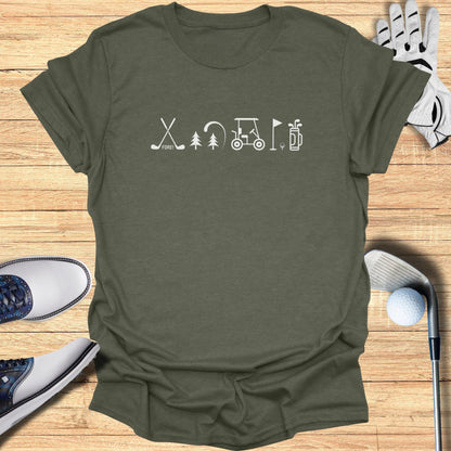 Golf-Themed Icons on Green T-Shirt Golfing Tee