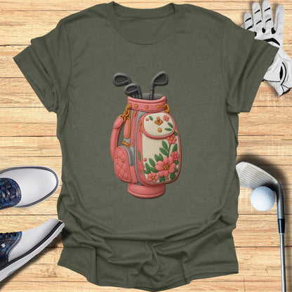 Floral Golf Bag Graphic on Dark Green T-Shirt Product