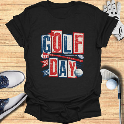 Black t-shirt with "GOLF DAY" text, American flag elements, and golf clubs.