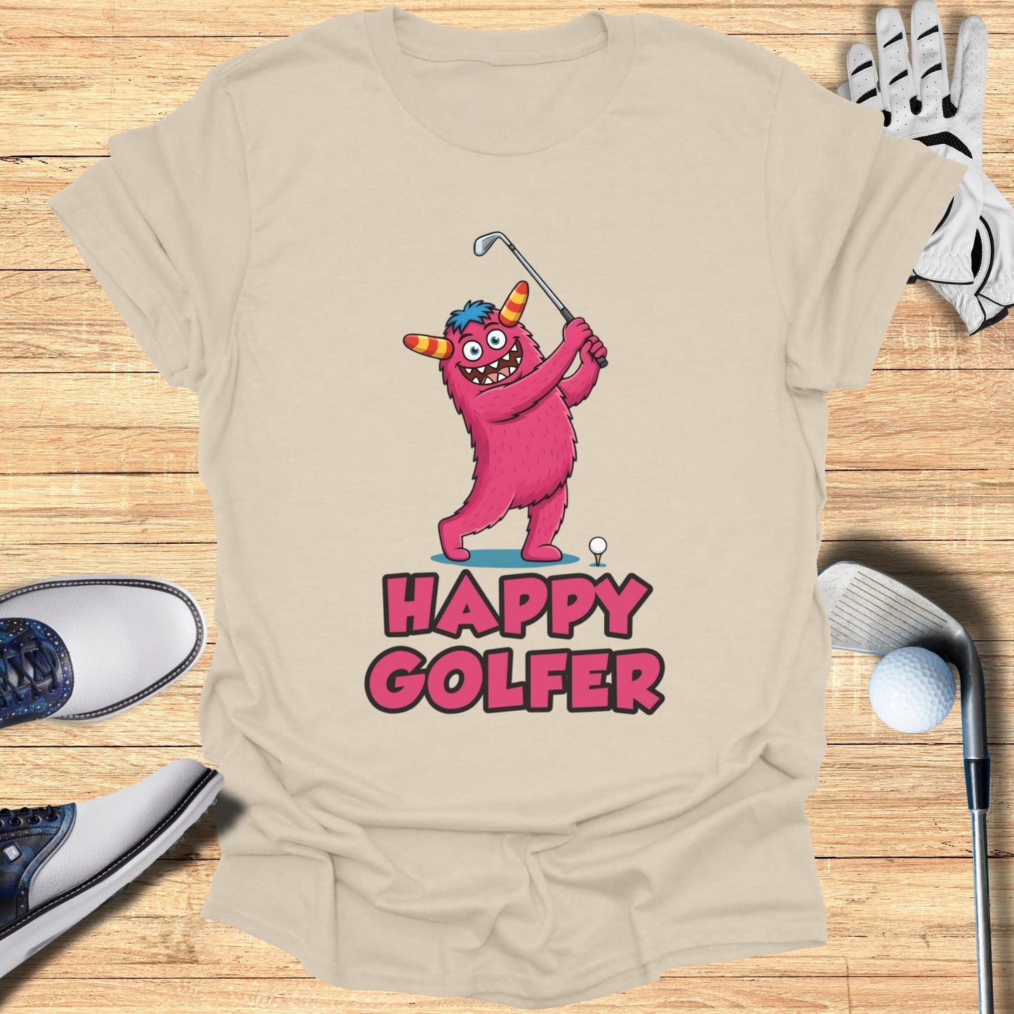 Pink monster golfing with "Happy Golfer" text.