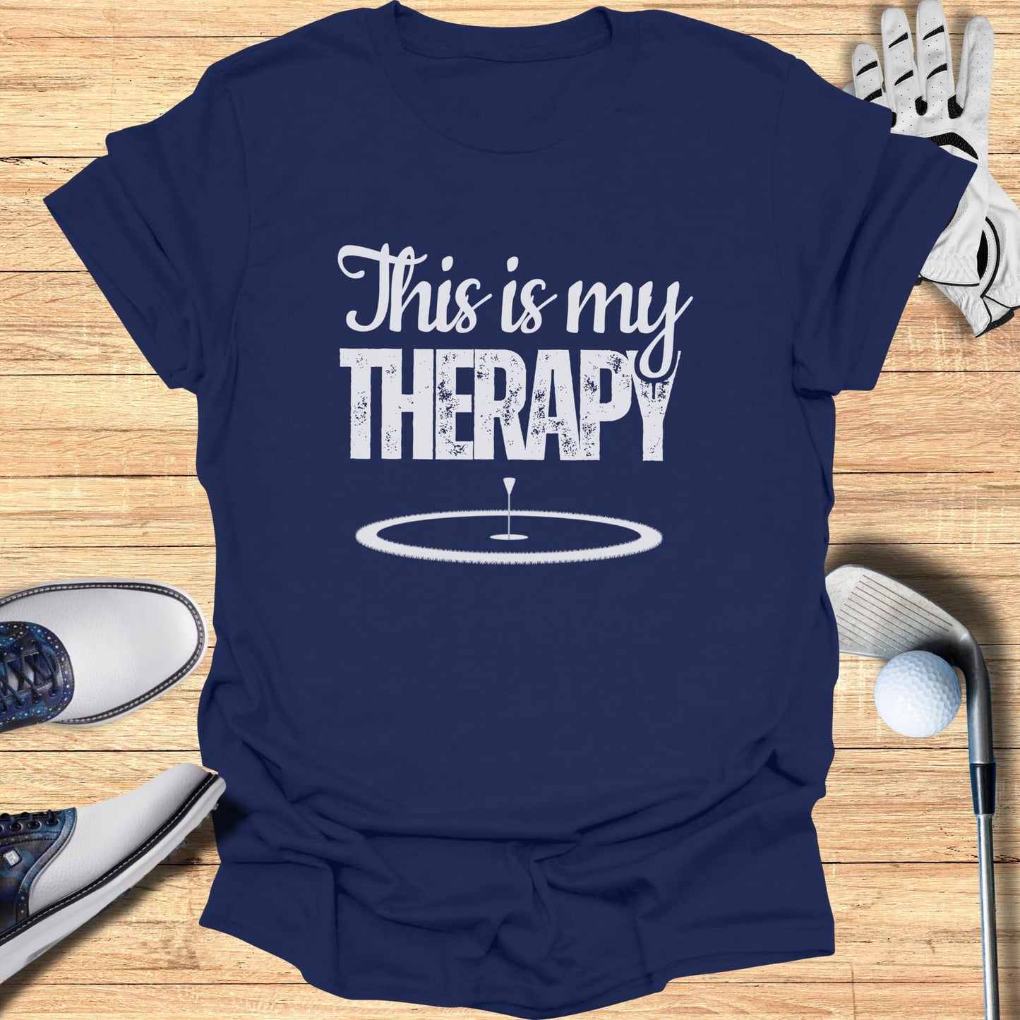 Navy t-shirt with "This is my THERAPY" text and golf course graphic.
