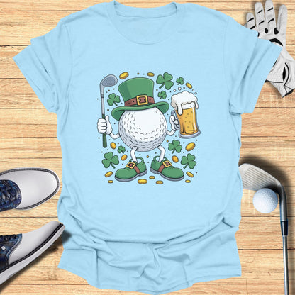 Cartoon golf ball in St. Patrick's Day hat holding club and beer.