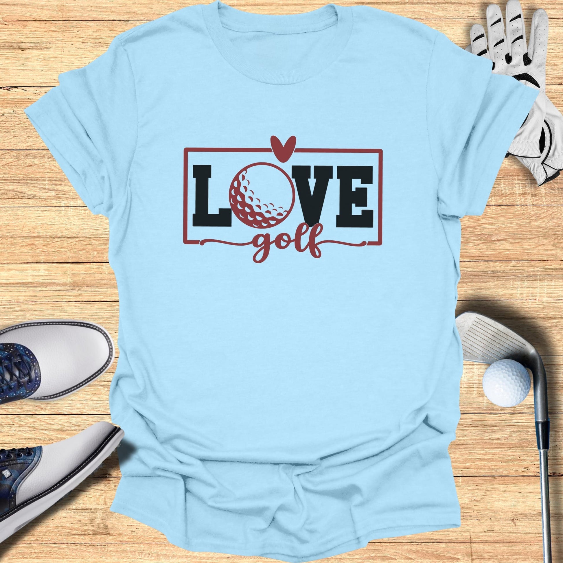 Light blue t-shirt with "LOVE GOLF" and a golf ball graphic.