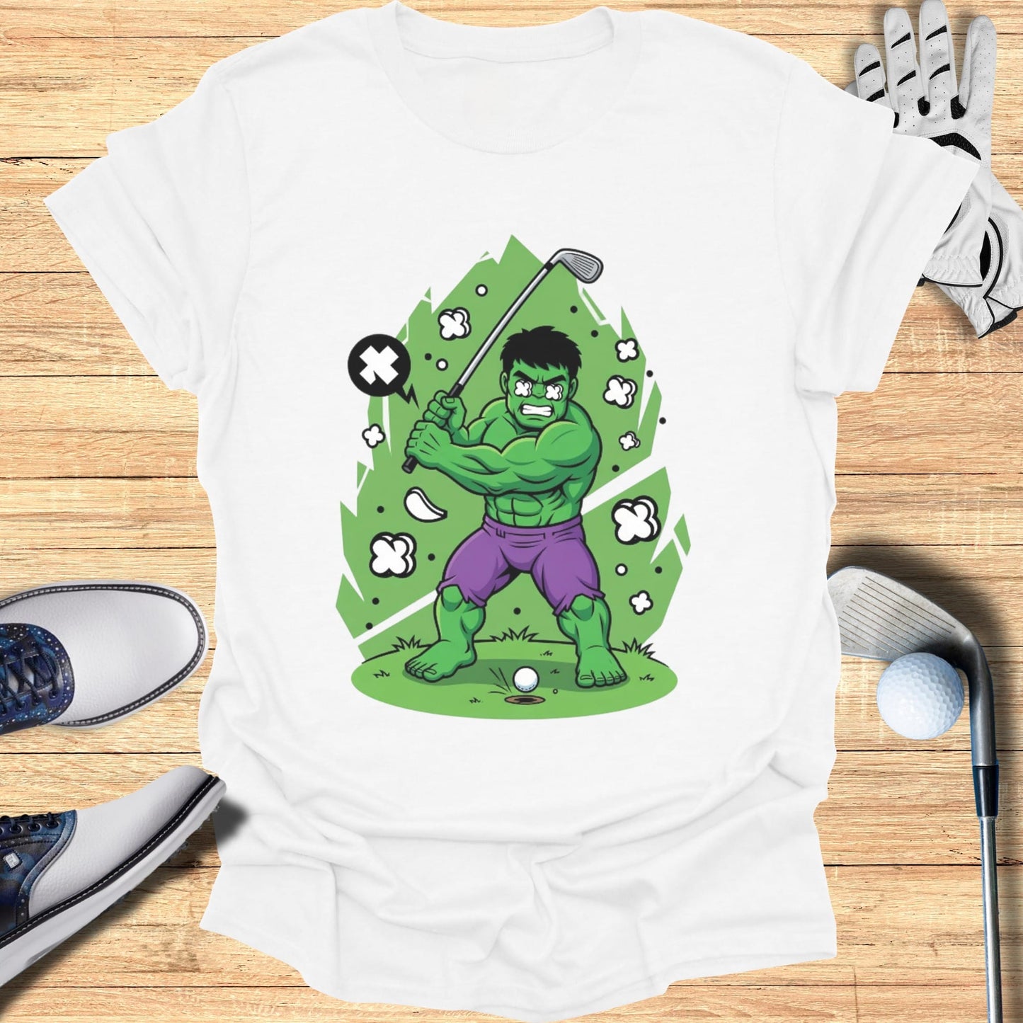 Hulk character playing golf, swinging a club at a golf ball.