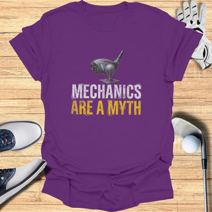 Purple t-shirt with "Mechanics Are A Myth" text and golf club graphic.