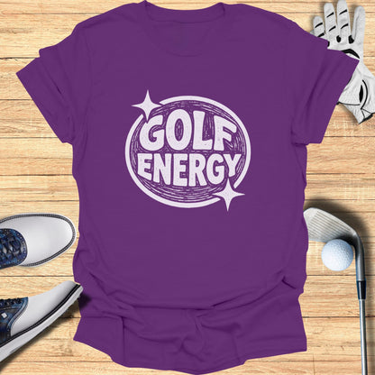 Purple t-shirt with "GOLF ENERGY" text in a circular design.