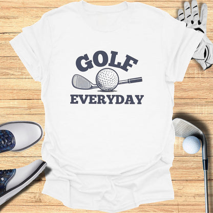 White t-shirt with "GOLF EVERYDAY" text and golf club graphic.