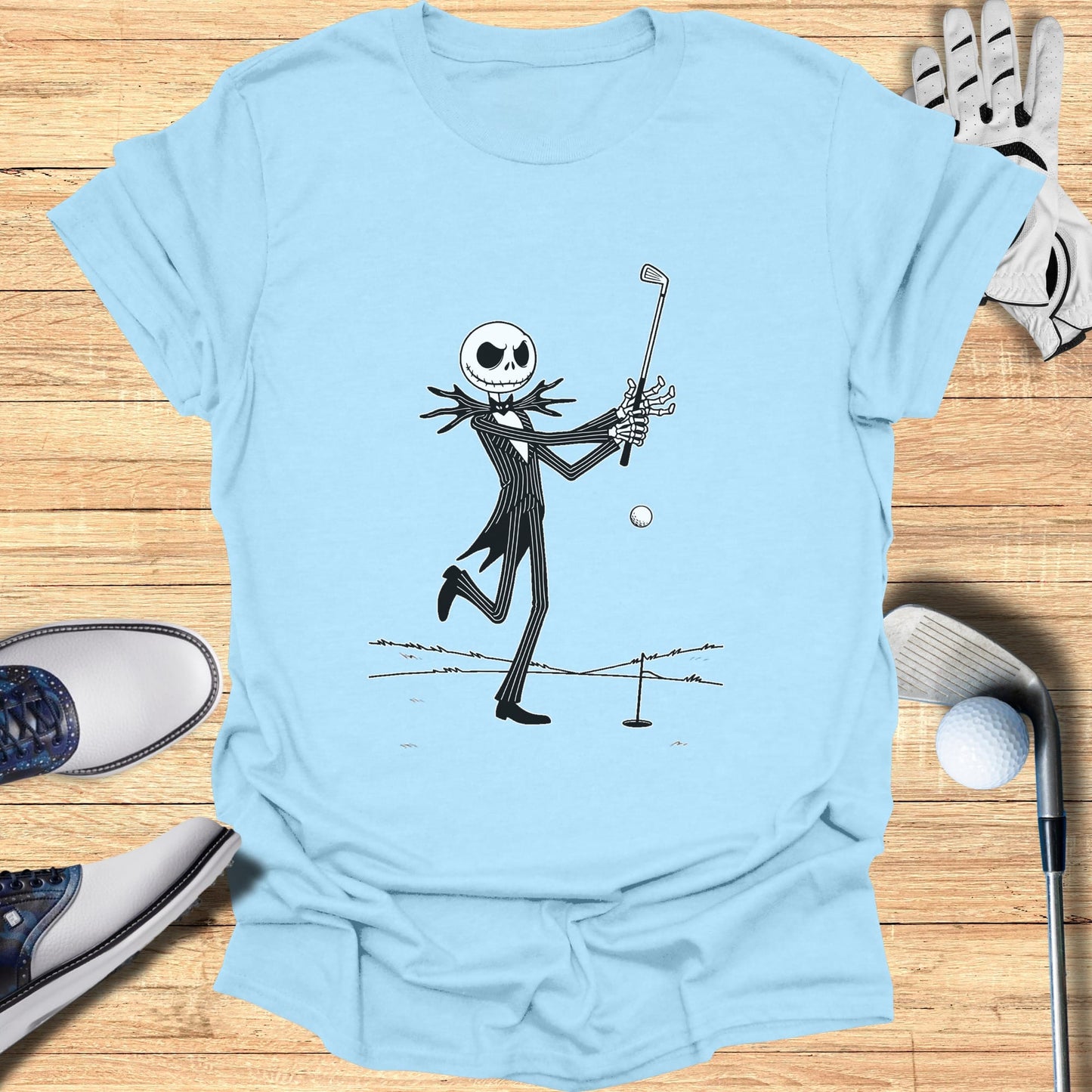 Jack Skellington playing golf on a wooden background.