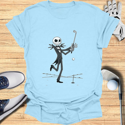 Jack Skellington playing golf on a wooden background.