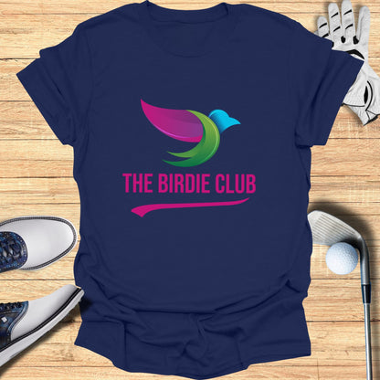 Navy t-shirt with colorful bird logo and text "THE BIRDIE CLUB".