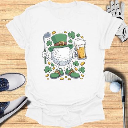 Golf ball character in leprechaun costume holding a golf club and beer.
