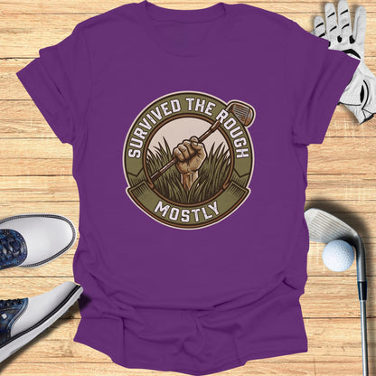 Purple t-shirt with "Survived The Rough Mostly" graphic featuring a golf club.