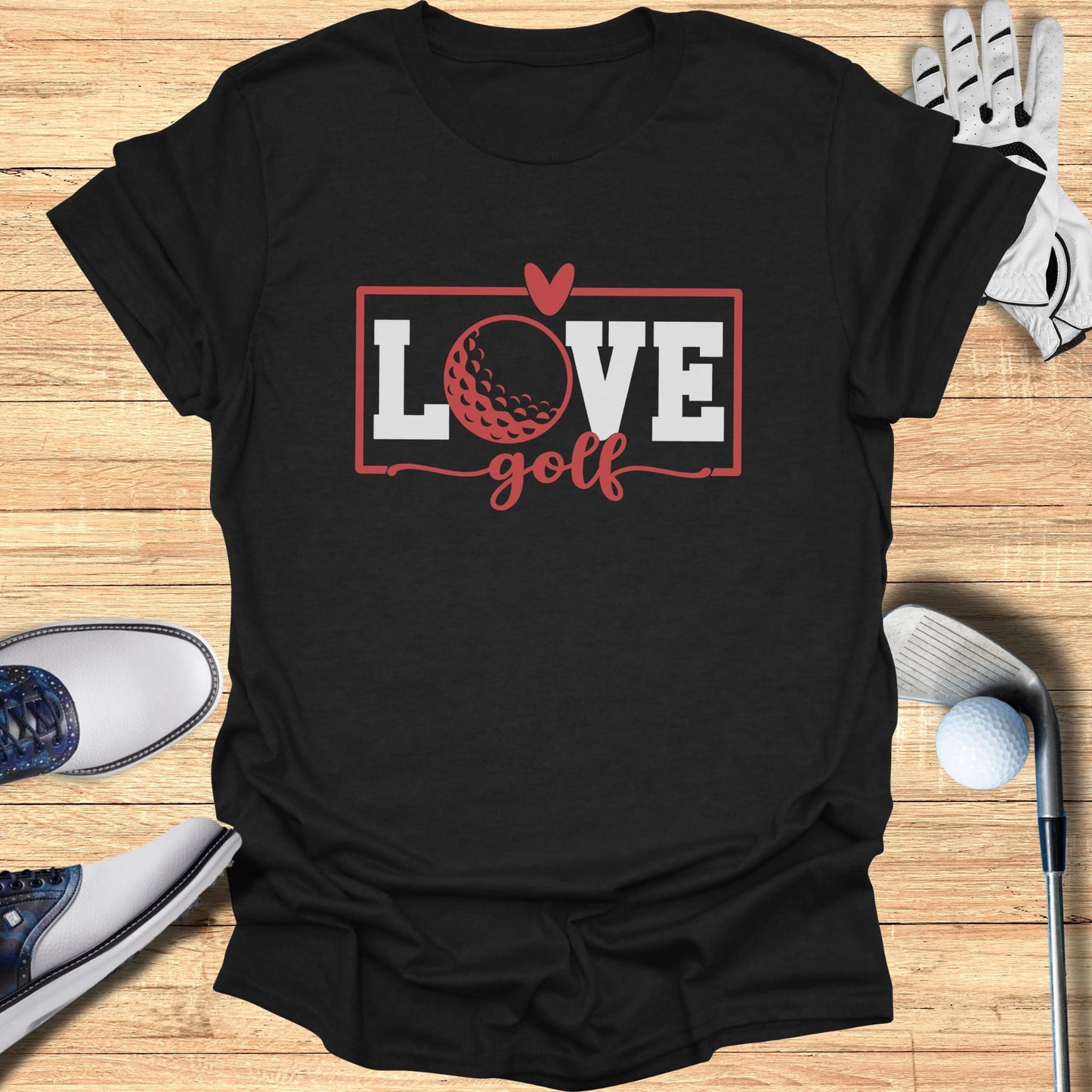 Black t-shirt with "Love Golf" text and a golf ball within a heart graphic.