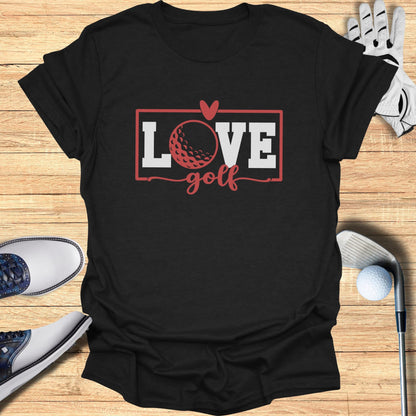 Black t-shirt with "Love Golf" text and a golf ball within a heart graphic.