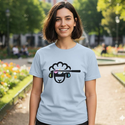 Smiling Woman Wearing Cute Sheep Graphic T-Shirt