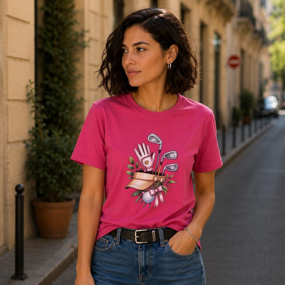 Woman wearing pink t-shirt with golf club graphic, ball, and ribbon.