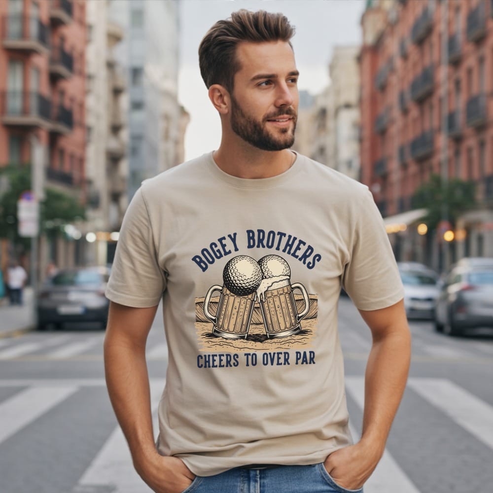 Man wearing t-shirt with golf balls, beer mugs, and text "Bogey Brothers Cheers to Over Par".