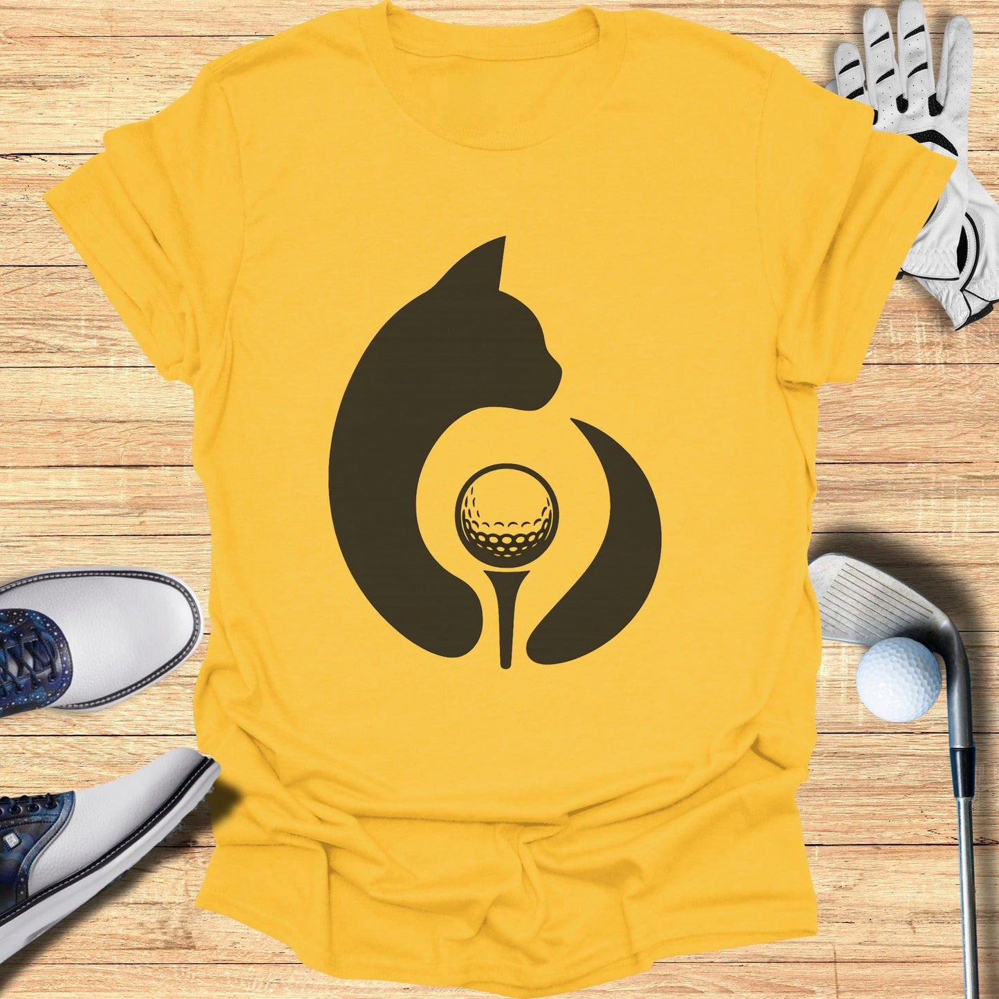 Unique Cat Golf Design Yellow Short Sleeve T-Shirt