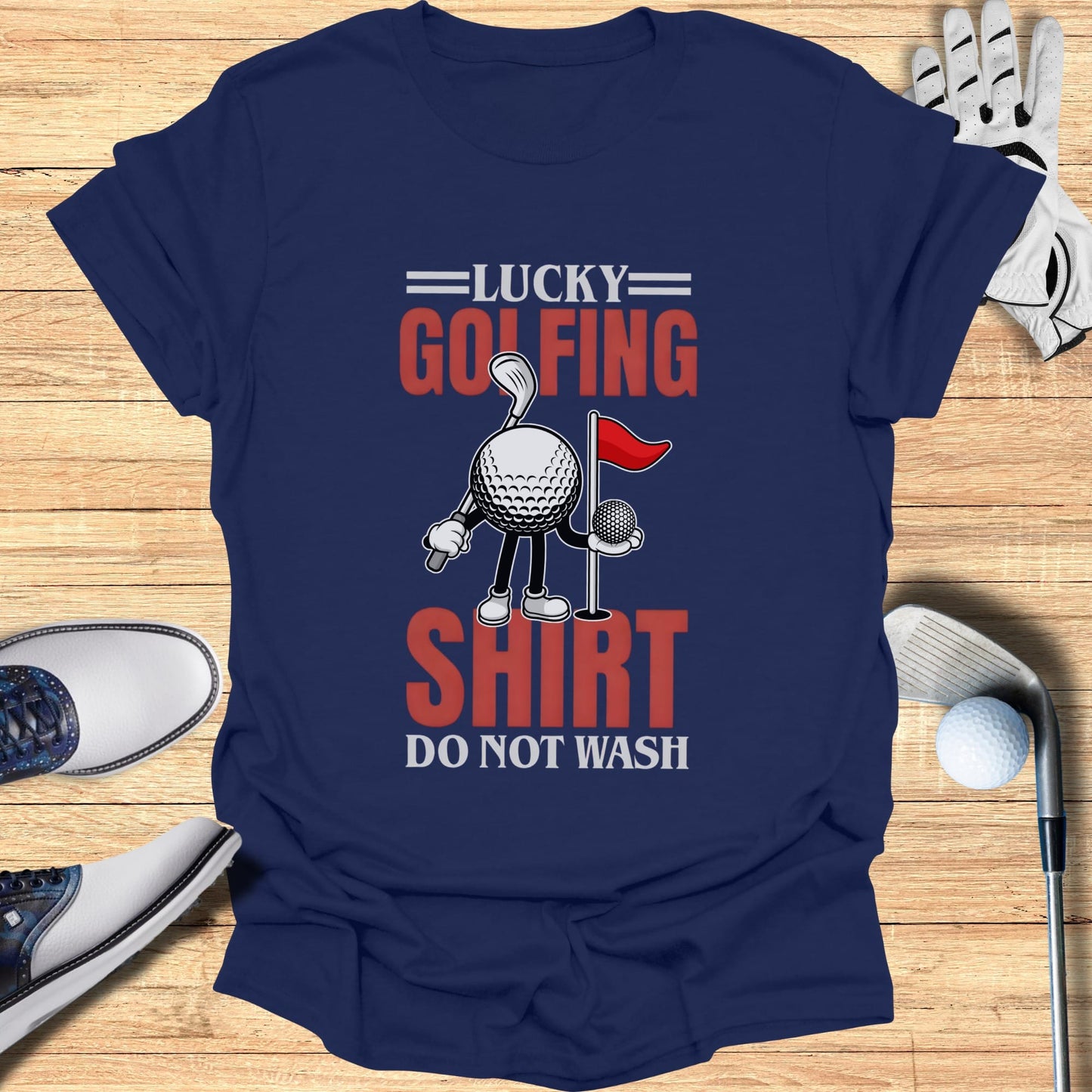 Navy t-shirt with "Lucky Golfing Shirt Do Not Wash" text and golf ball graphic.