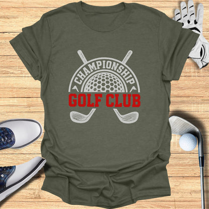 T-shirt with "Championship Golf Club" and crossed golf clubs design.