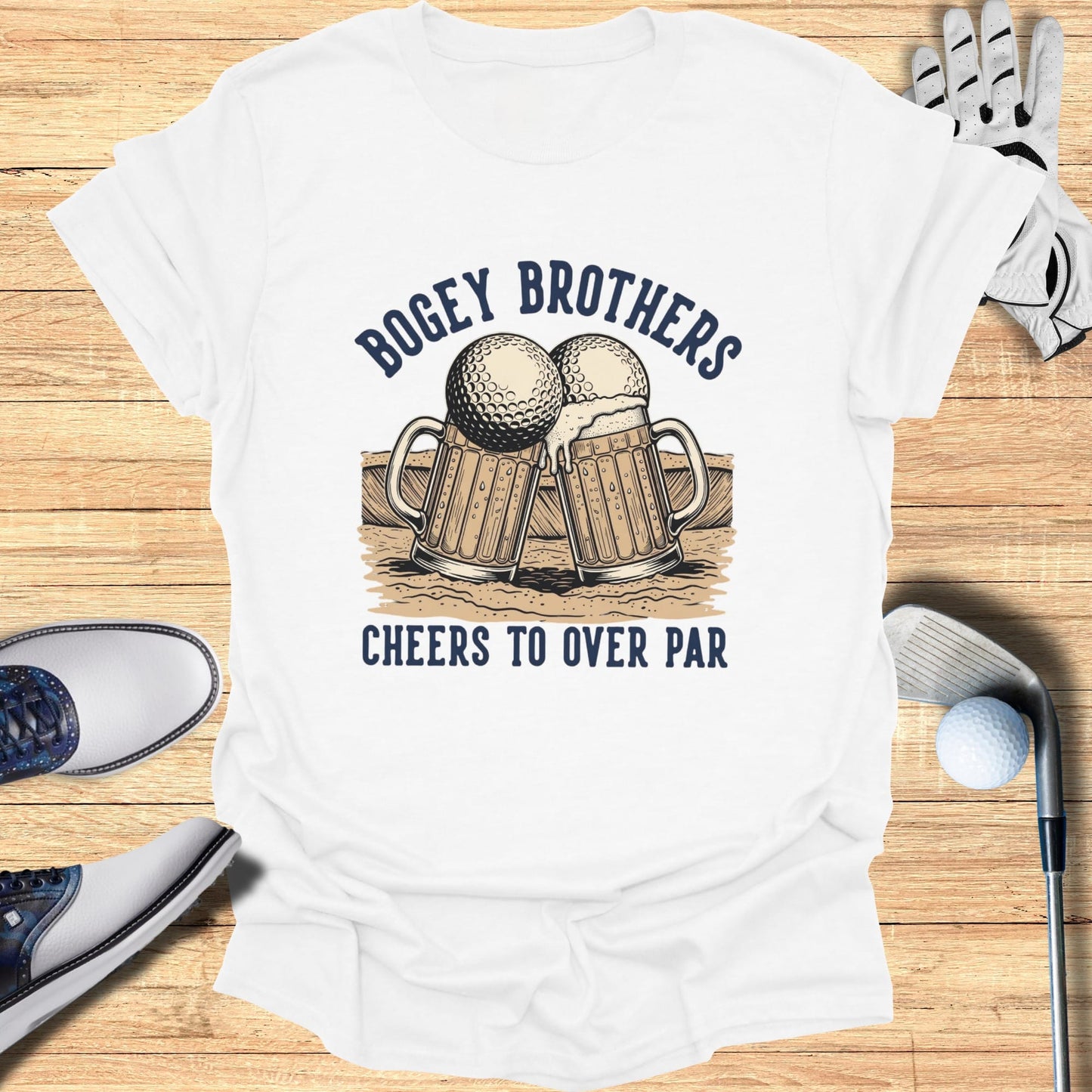 White t-shirt with "Bogey Brothers Cheers to Over Par" and beer mugs graphic.