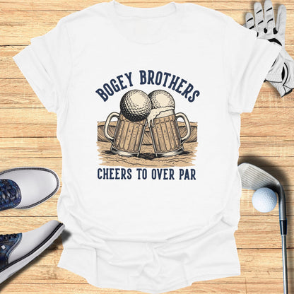 White t-shirt with "Bogey Brothers Cheers to Over Par" and beer mugs graphic.